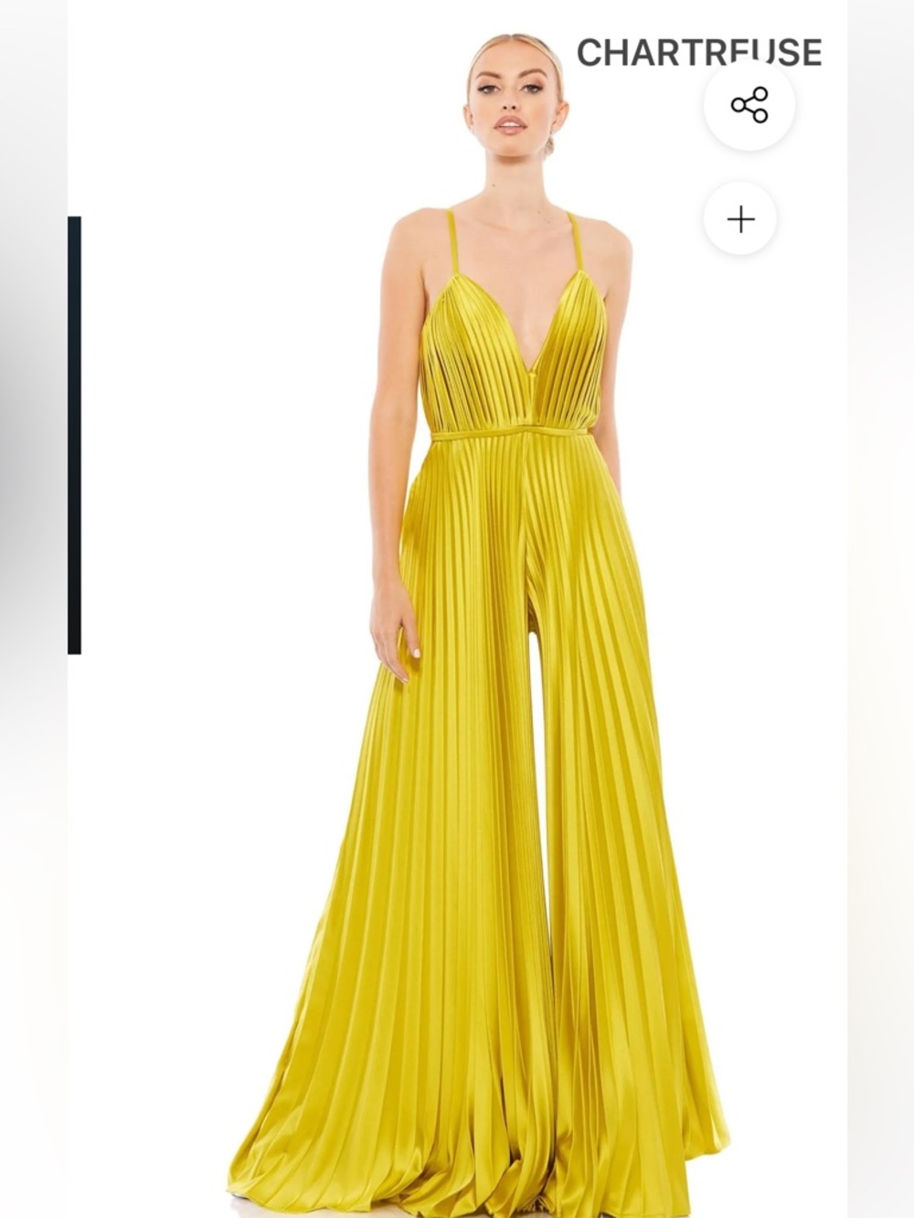 Chartreuse Pleated Wide-Leg Jumpsuit with Spaghetti Straps